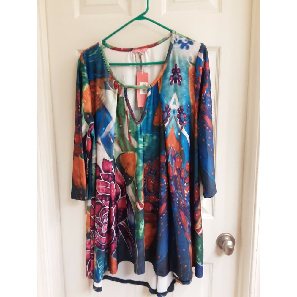 Simply Aster Blouse Women's Plus 2X Key Hole Maximalism Floral Lagenlook NWT